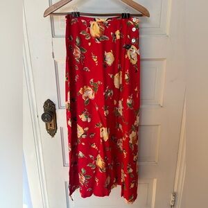 Vintage 90s Floral Red Yellow Midi A-line Skirt Bold Feminine Romantic Size 6